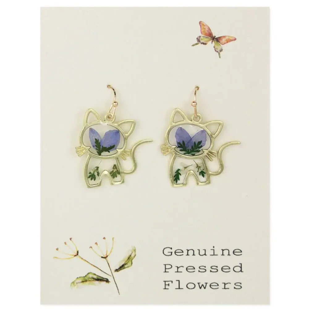 Curious Kitty Gold Cat Earrings | Blue Dried Flower Drop Earrings